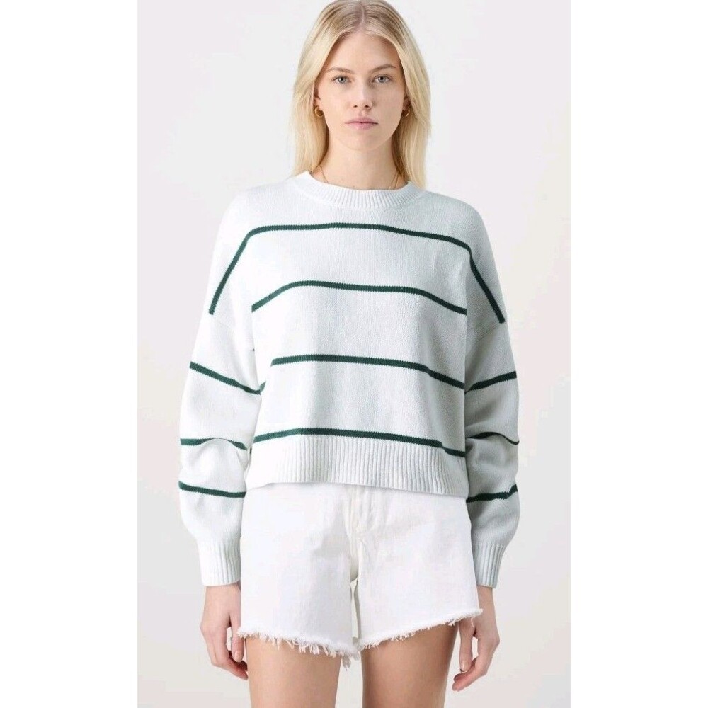 Hollister Cropped Sweater Women Large White Green Striped Preppy Coastal
